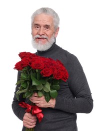 Photo of Senior man with bouquet of red roses on white background