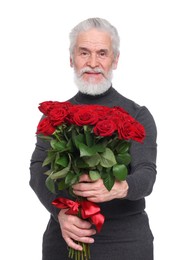 Photo of Senior man with bouquet of red roses on white background