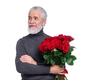 Photo of Senior man with bouquet of red roses on white background