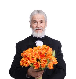 Photo of Senior man with bouquet of beautiful tulips on white background