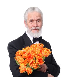 Photo of Senior man with bouquet of beautiful tulips on white background