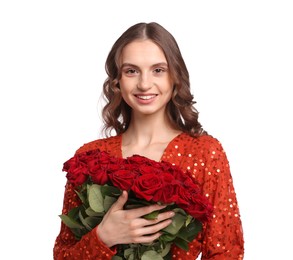 Photo of Smiling woman with bouquet of roses on white background