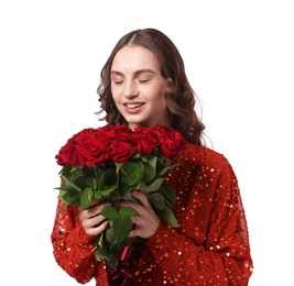 Photo of Smiling woman with bouquet of roses on white background