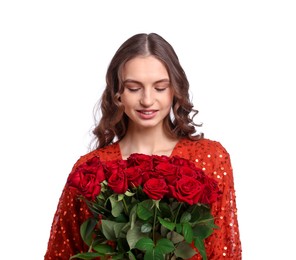 Photo of Smiling woman with bouquet of roses on white background