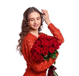 Photo of Smiling woman with bouquet of roses on white background