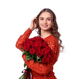 Photo of Smiling woman with bouquet of roses on white background