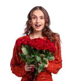 Photo of Happy woman with bouquet of roses on white background