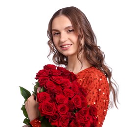 Photo of Smiling woman with bouquet of roses on white background