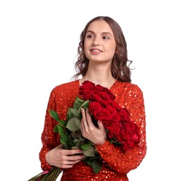 Photo of Smiling woman with bouquet of roses on white background