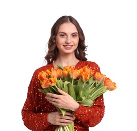 Photo of Smiling woman with bouquet of tulips on white background