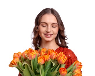 Photo of Smiling woman with bouquet of tulips on white background