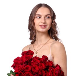 Photo of Smiling woman with bouquet of roses on white background