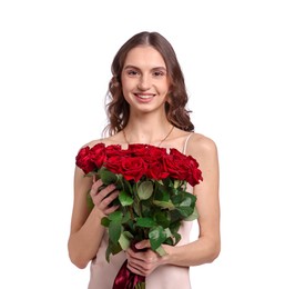 Photo of Smiling woman with bouquet of roses on white background