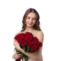 Photo of Smiling woman with bouquet of roses on white background