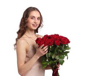 Photo of Smiling woman with bouquet of roses on white background