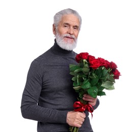 Photo of Senior man with bouquet of red roses on white background