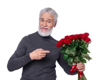 Photo of Senior man with bouquet of red roses on white background