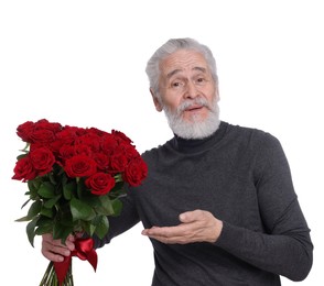 Photo of Senior man with bouquet of red roses on white background