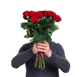 Photo of Senior man with bouquet of red roses on white background