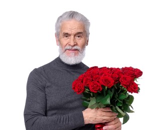 Photo of Senior man with bouquet of red roses on white background