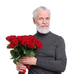 Photo of Senior man with bouquet of red roses on white background