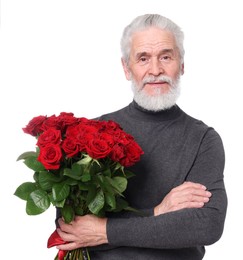 Photo of Senior man with bouquet of red roses on white background