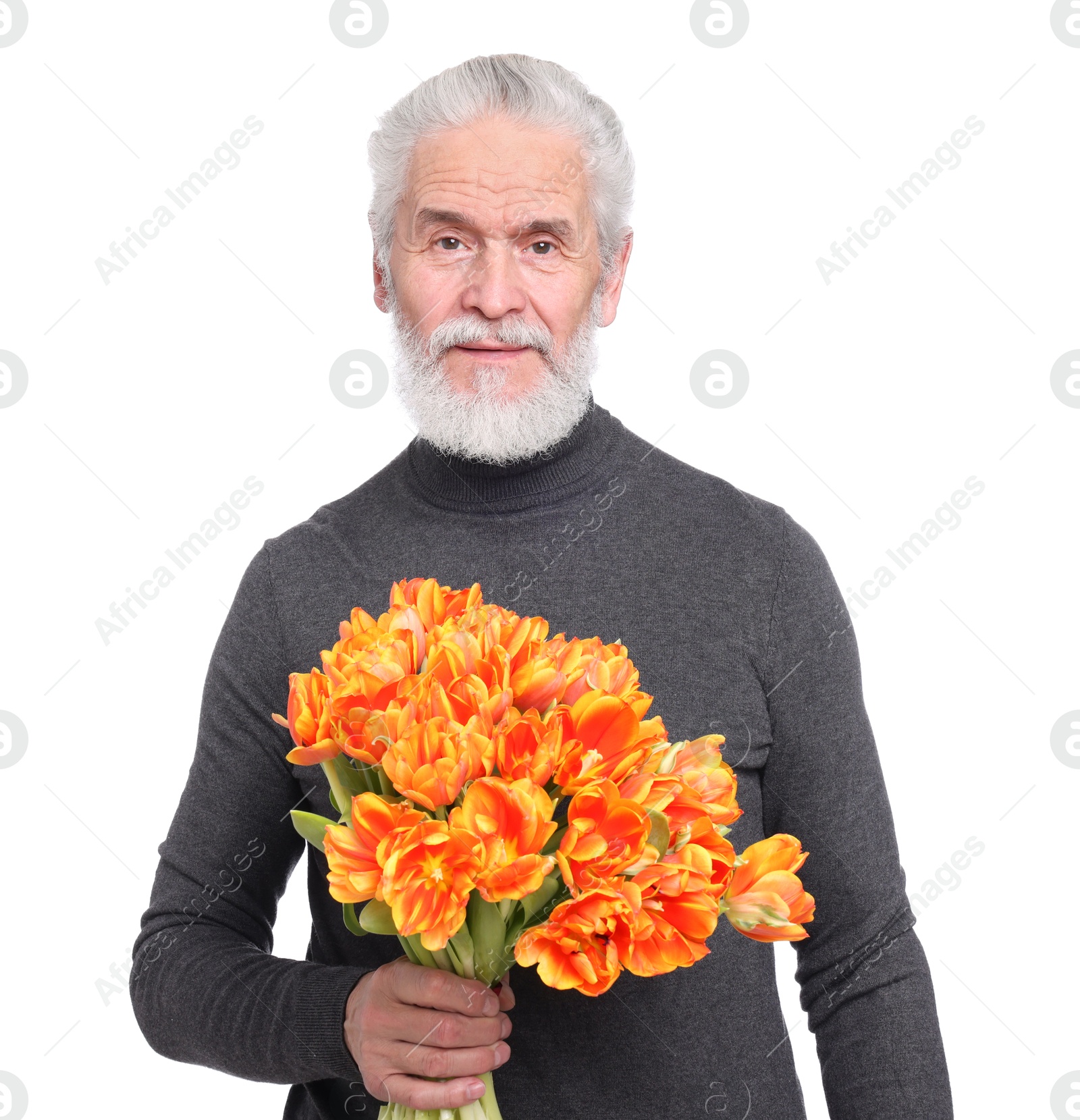 Photo of Senior man with bouquet of beautiful tulips on white background