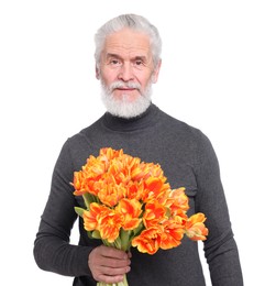 Photo of Senior man with bouquet of beautiful tulips on white background