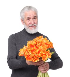 Photo of Senior man with bouquet of beautiful tulips on white background