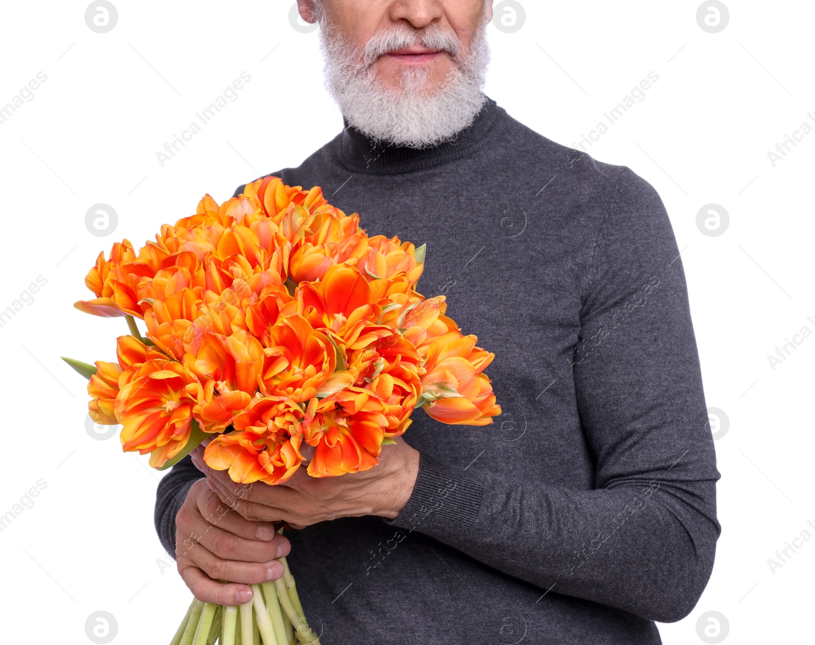 Photo of Senior man with bouquet of beautiful tulips on white background, closeup