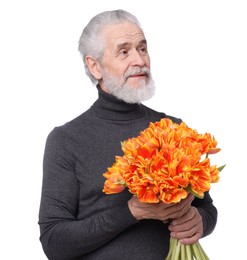 Photo of Senior man with bouquet of beautiful tulips on white background