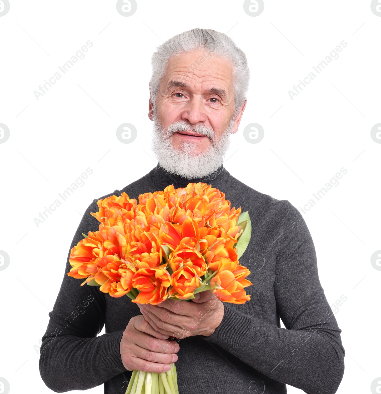 Photo of Senior man with bouquet of beautiful tulips on white background