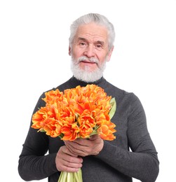 Photo of Senior man with bouquet of beautiful tulips on white background