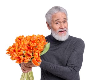 Photo of Senior man with bouquet of beautiful tulips on white background