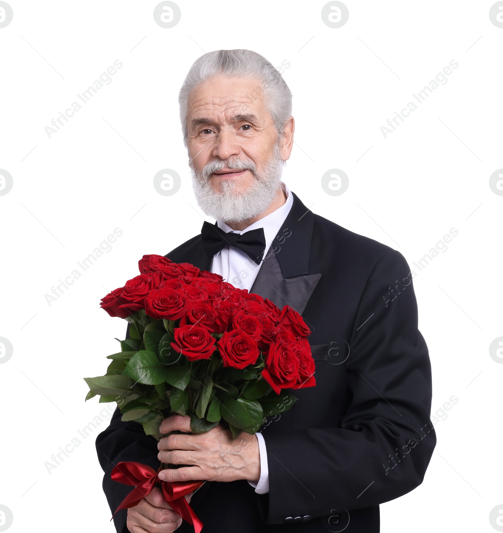 Photo of Senior man with bouquet of red roses on white background