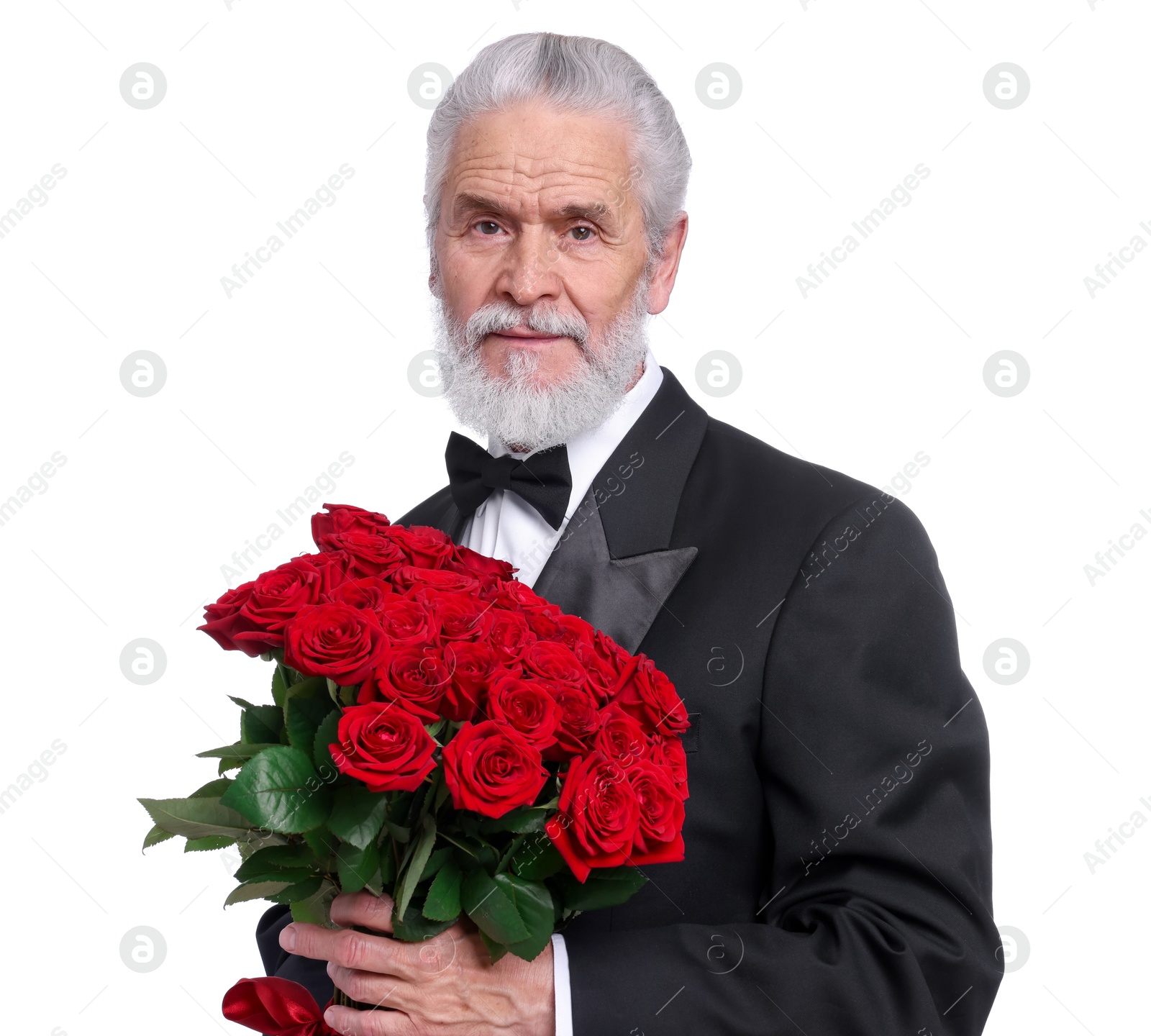 Photo of Senior man with bouquet of red roses on white background