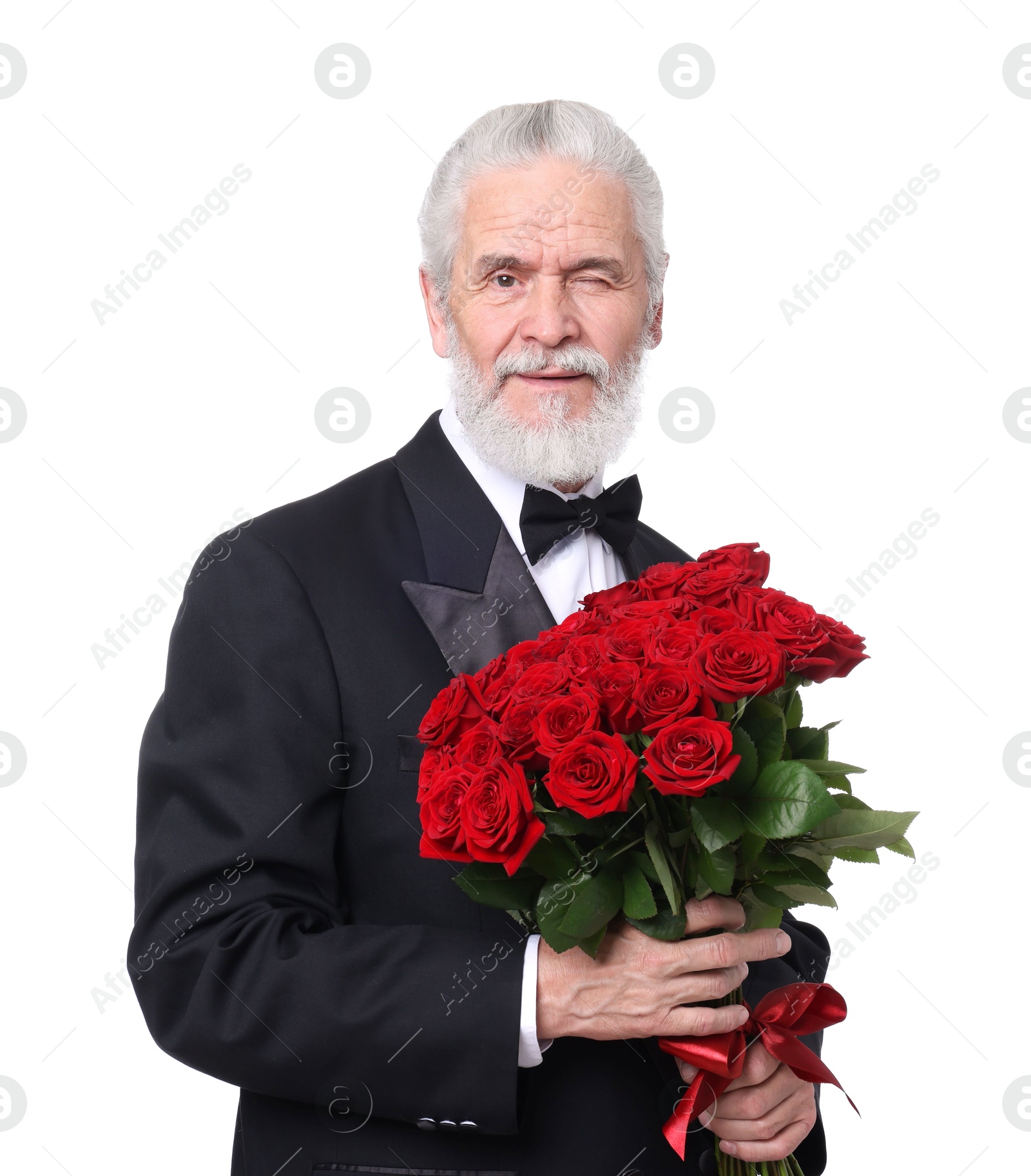 Photo of Senior man with bouquet of red roses on white background