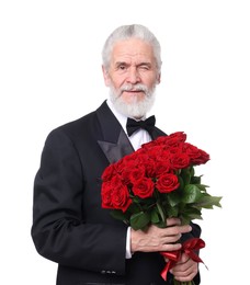 Photo of Senior man with bouquet of red roses on white background