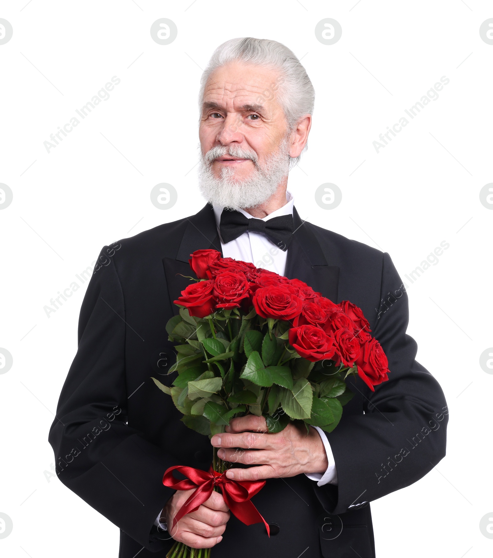 Photo of Senior man with bouquet of red roses on white background