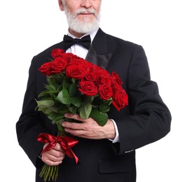 Photo of Senior man with bouquet of red roses on white background, closeup