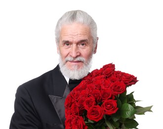 Photo of Senior man with bouquet of red roses on white background