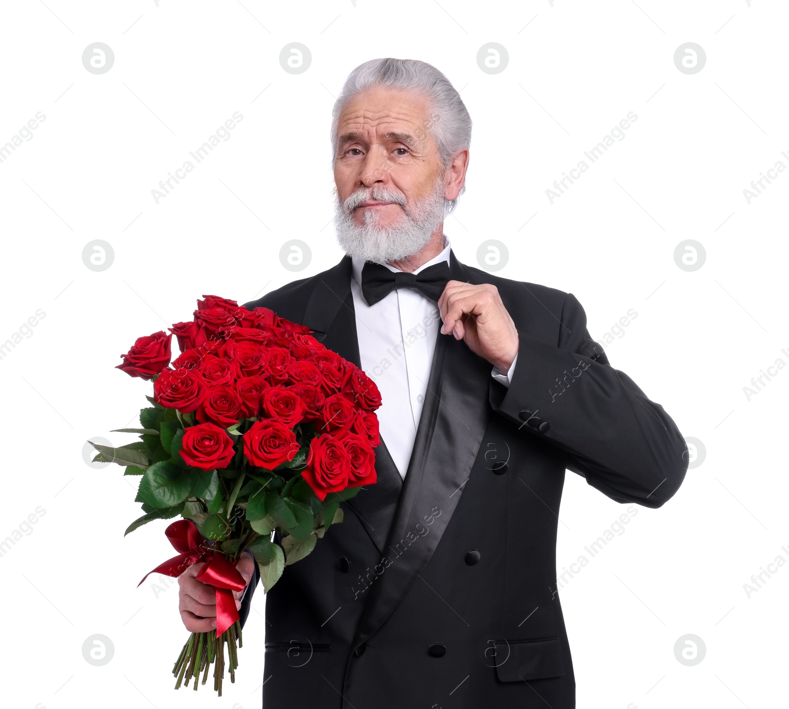 Photo of Senior man with bouquet of red roses on white background