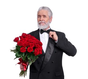 Photo of Senior man with bouquet of red roses on white background