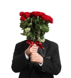 Photo of Senior man with bouquet of red roses on white background