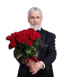 Photo of Senior man with bouquet of red roses on white background