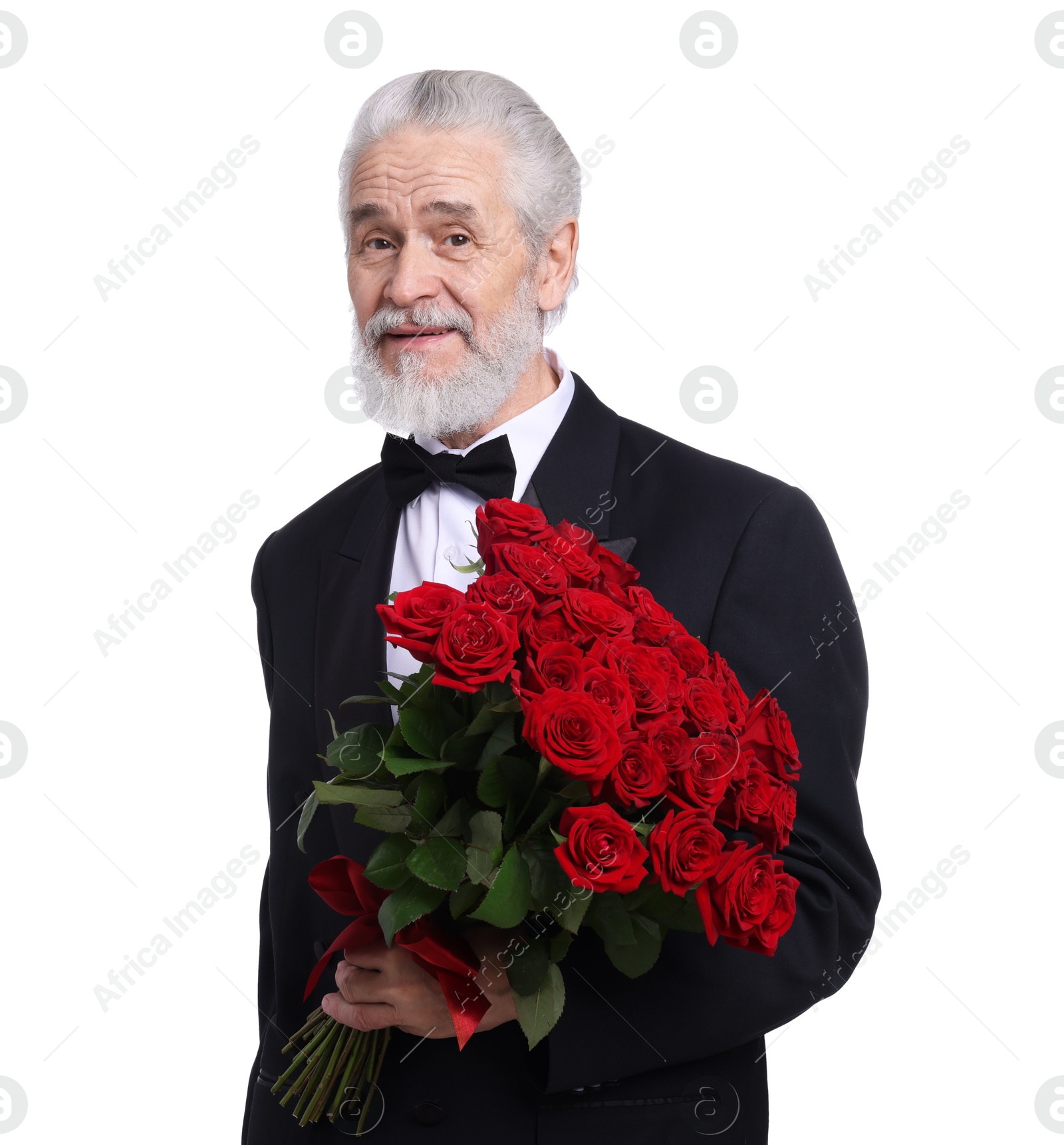 Photo of Senior man with bouquet of red roses on white background