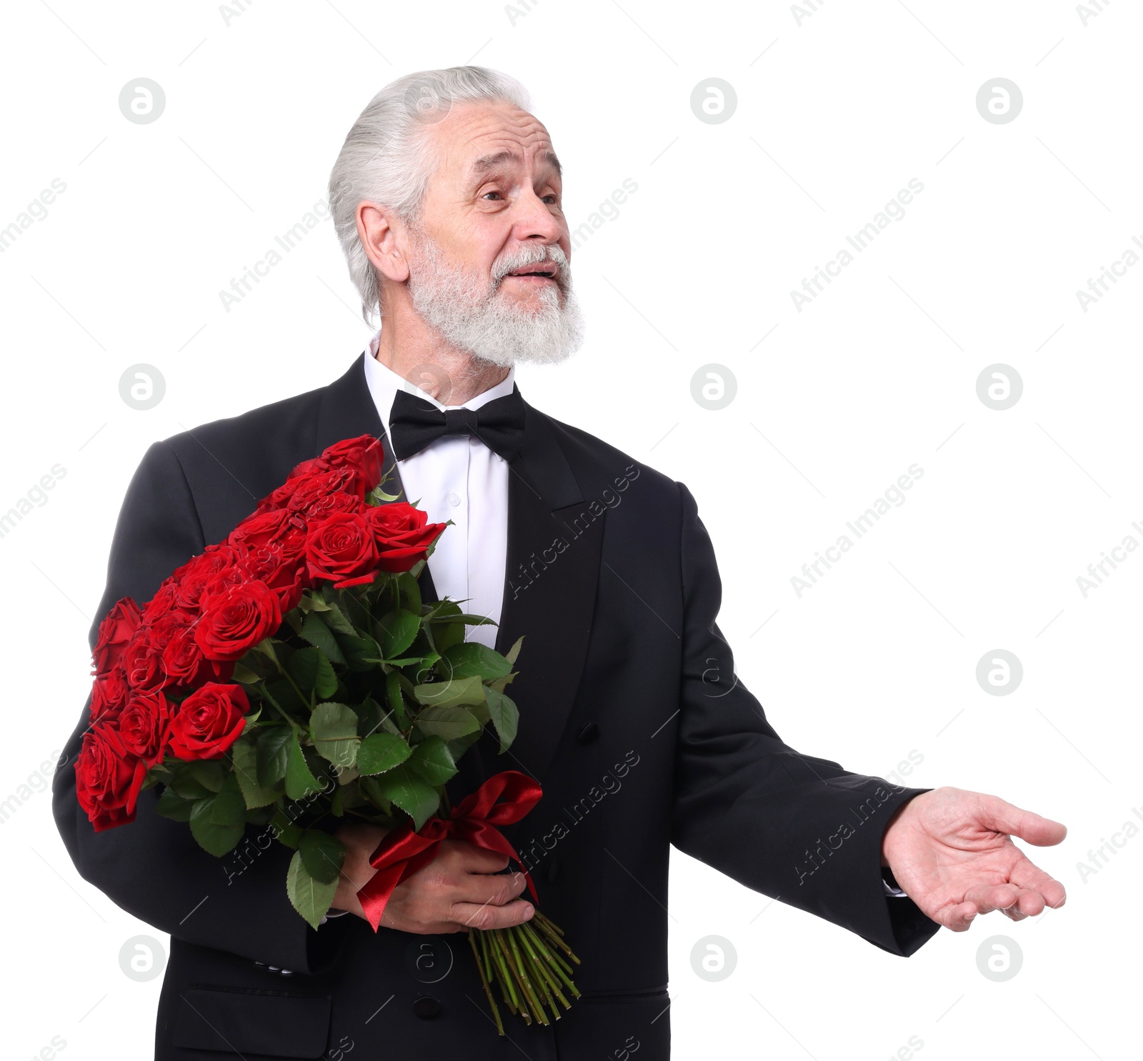 Photo of Senior man with bouquet of red roses on white background