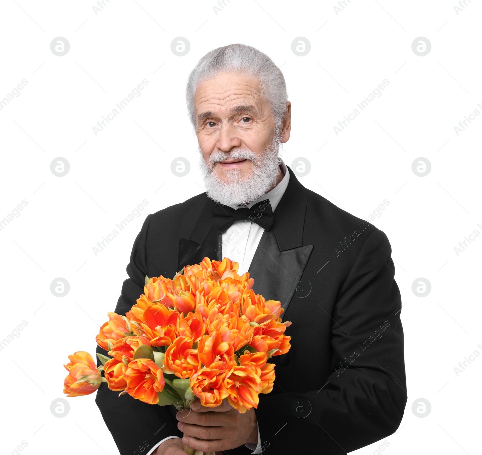 Photo of Senior man with bouquet of beautiful tulips on white background