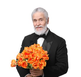 Photo of Senior man with bouquet of beautiful tulips on white background