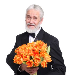 Photo of Senior man with bouquet of beautiful tulips on white background